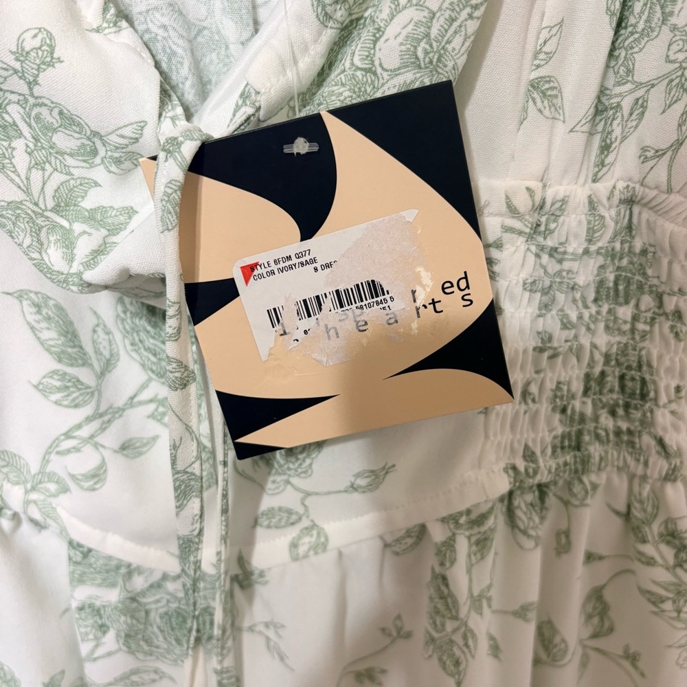 Ivory green floral ruffle trim midi dress with a floral print, smocked waist, - Picture 6 of 10